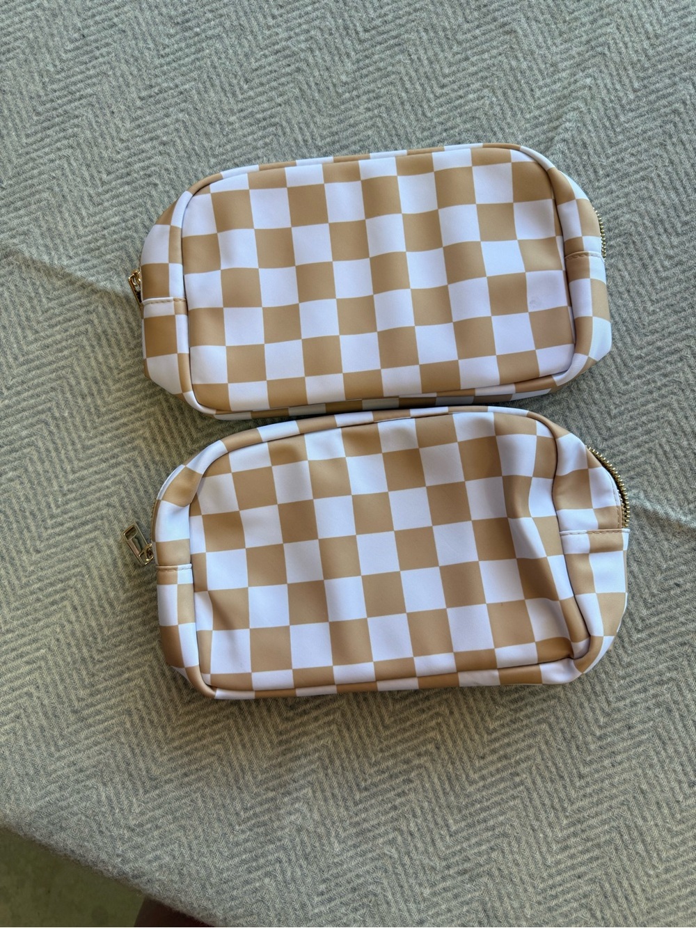 Checkerboard Cosmetic Pouches in Beige and White - Set of 2